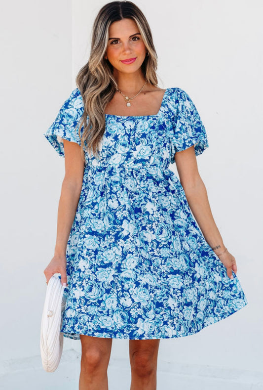 BLUE FLORAL BABYDOLL DRESS